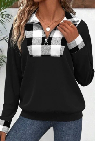 Kadın Uzun Kollu Yakalı önden Fermuarlı Ekose Detaylı Viskon Iki Iplik Bluz