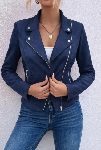 Kadın Uzun Kollu Yakalı önden Fermuarlı Kısa Süet Ceket