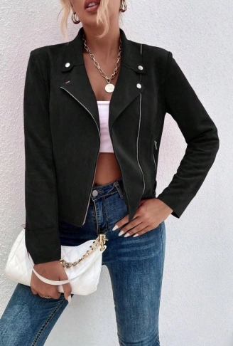 Kadın Uzun Kollu Yakalı önden Fermuarlı Kısa Süet Ceket