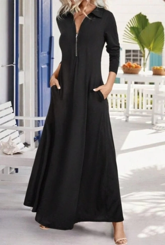 Kadın Uzun Kollu Yakalı önden Fermuarlı Uzun Viskon Iki Iplik Elbise