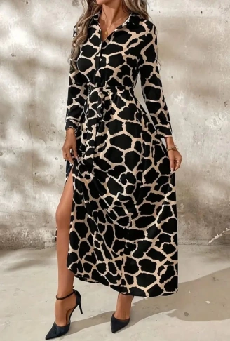 Kadın Uzun Kollu Yakalı önü Düğmeli Desenli Belden Kuşaklı Uzun Süprem Elbise