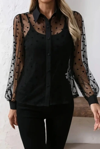 Kadın Uzun Kollu Yakalı şeffaf Tül Detaylı Ve Viskon Atlet Ikili Takım