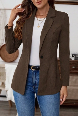 Kadın Uzun Kollu Yakalı Tek Düğmeli Süet Ceket