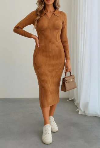 Kadın Uzun Kollu Yakalı Triko Elbise