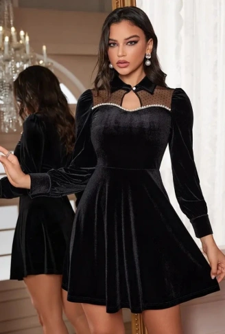 Kadın Uzun Kollu Yakalı Tül Detaylı Incili Mini Kadife Elbise