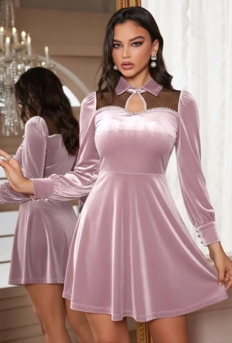 Kadın Uzun Kollu Yakalı Tül Detaylı Incili Mini Kadife Elbise
