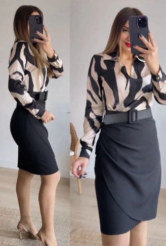 Kadın Uzun Kollu Yakalı üst Dalgıç Eteği Krep Kemerli Elbise