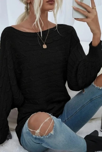 Kadın Uzun Kollu Yakası Açık Saç örgü Desenli Triko Bluz