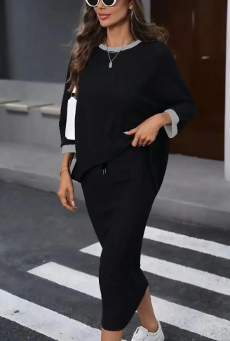 Kadın Uzun Kollu Yakası Açık şardonlu Kaşkorse Bluz Ve Eteği Bağcıklı Ikili Takım