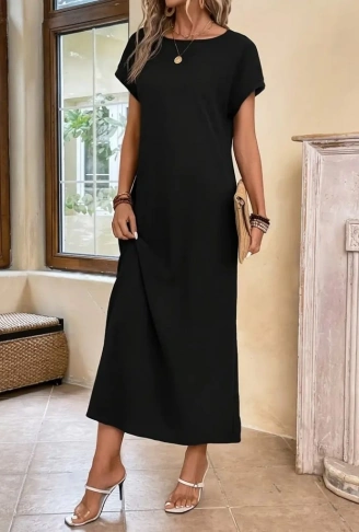 Kadın Uzun Kollu Yakası Açık Viskon Elbise