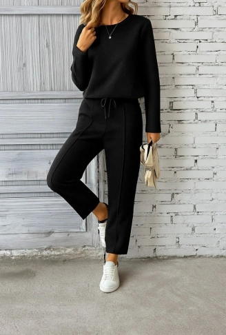 Kadın Uzun Kollu Yanları Nervurlu Viskon Iki Iplik Ve Pantolon Ikili Takım