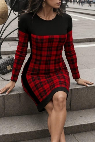 Kadın Uzun Kollu Yanları Siyah şerit Detay Kırmızı Ekoseli Dalgıç Elbise
