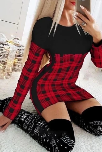 Kadın Uzun Kollu Yanları Siyah şerit Detay Kırmızı Ekoseli Dalgıç Elbise (çorapsız )