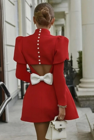 Kadın Uzun Kollu Yarı Balıkçı Yaka Arkadan Kurdela Detaylı Mini Atlas Elbise