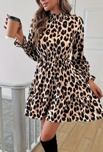 Kadın Uzun Kollu Yarı Balıkçı Yaka Leopar Desenli Modal Mini Elbise