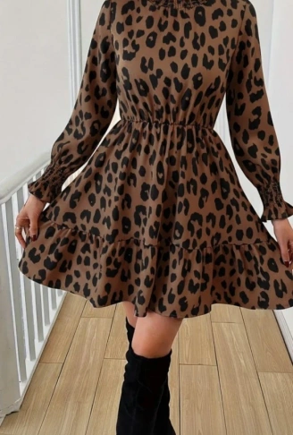 Kadın Uzun Kollu Yarı Balıkçı Yaka Leopar Desenli Modal Mini Elbise