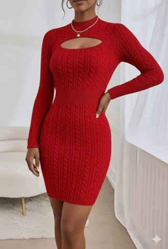 Kadın Uzun Kollu Yarı Balıkçı Yaka Pencere Göğüs Detay Mini Triko Elbise