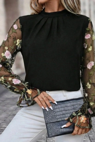 Kadın Uzun Kollu Yarı Balıkçı Yaka Tül Detaylı Ithal Krep Bluz