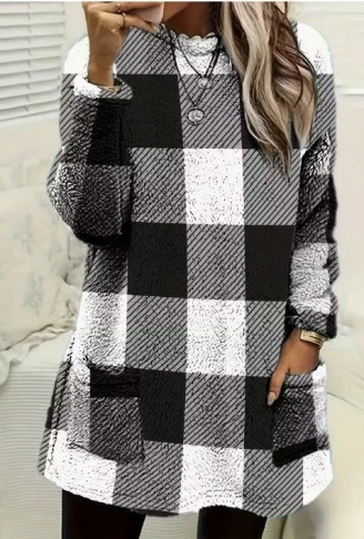 Kadın Uzun Kollu Yarı Balıkçı Yakalı Cep Detaylı Ekoseli Dokuma Tunik