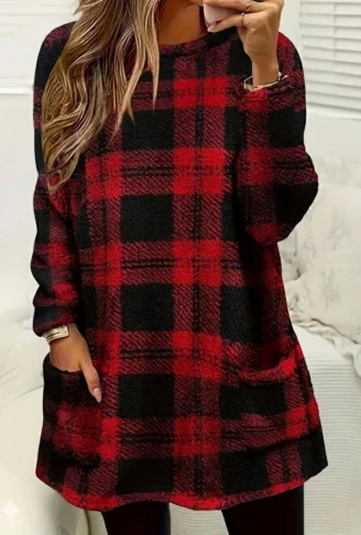 Kadın Uzun Kollu Yarı Balıkçı Yakalı Cep Detaylı Ekoseli Dokuma Tunik