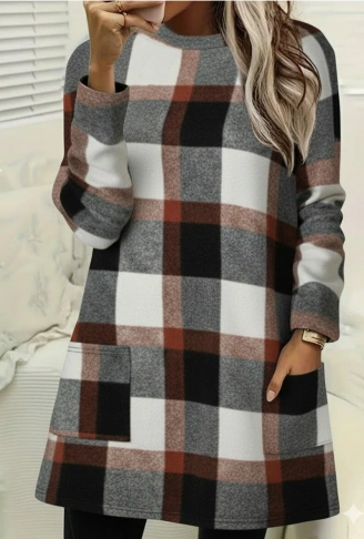 Kadın Uzun Kollu Yarı Balıkçı Yakalı Cep Detaylı Ekoseli Dokuma Tunik