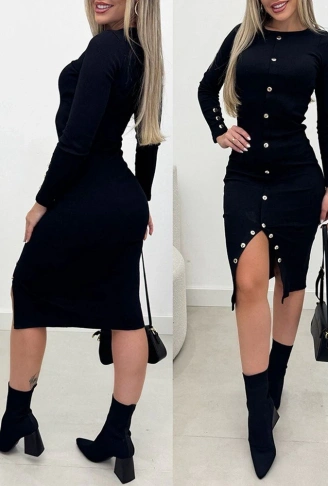 Kadın Uzun Kollu Yırtmaçlı Düğme Detaylı Midi Kaşkorse Elbise