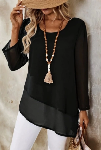 Kadın Uzun Kollu Yuvarlak Asimetrik Detaylı şifon Bluz