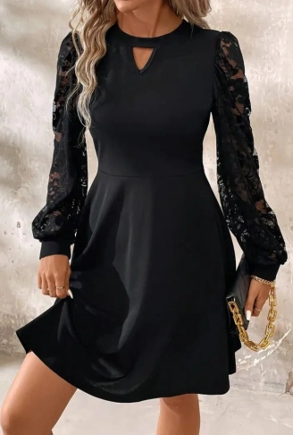 Kadın Uzun Kollu Yuvarlak Damla Detaylı Kolları Tül Detaylı Kısa Ithal Krep Elbise