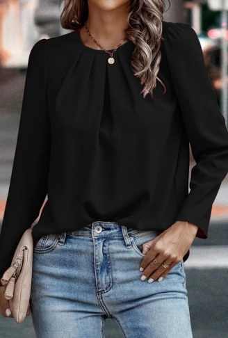 Kadın Uzun Kollu Yuvarlak önden Pileli Ithal Krep Bluz