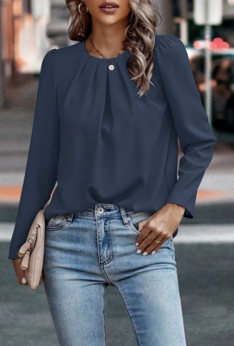 Kadın Uzun Kollu Yuvarlak önden Pileli Ithal Krep Bluz