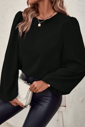 Kadın Uzun Kollu Yuvarlak Yaka Arkadan Bağcıklı Salaş Ithal Krep Bluz