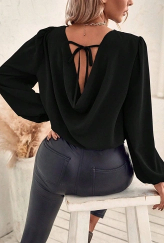 Kadın Uzun Kollu Yuvarlak Yaka Arkadan Bağcıklı Salaş Ithal Krep Bluz