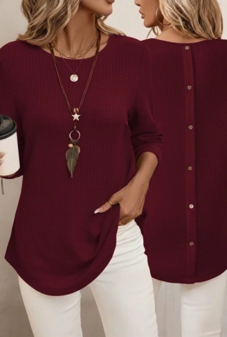 Kadın Uzun Kollu Yuvarlak Yaka Arkadan Düğmeli Waffle Bluz