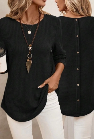 Kadın Uzun Kollu Yuvarlak Yaka Arkadan Düğmeli Waffle Bluz