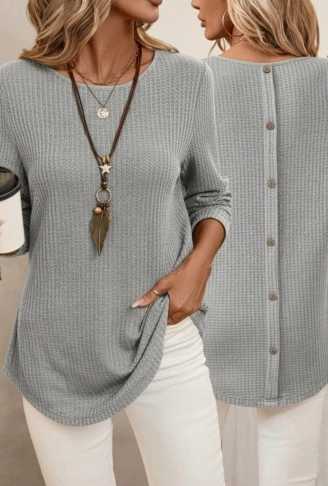 Kadın Uzun Kollu Yuvarlak Yaka Arkadan Düğmeli Waffle Bluz