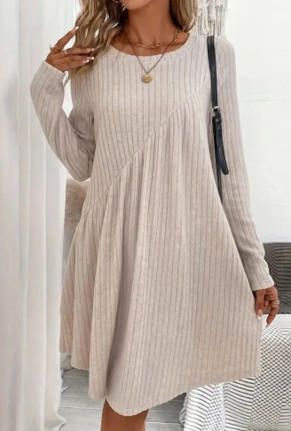 Kadın Uzun Kollu Yuvarlak Yaka Asimetrik Detaylı Kiloş şardonlu Kaşkorse Elbise