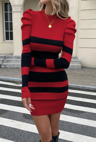 Kadın Uzun Kollu Yuvarlak Yaka Balon Omuz Kol Detaylı çok Renkli Mini Elbise