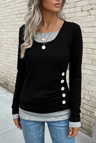 Kadın Uzun Kollu Yuvarlak Yaka Blok Renkli Yandan Düğmeli Viskon Bluz