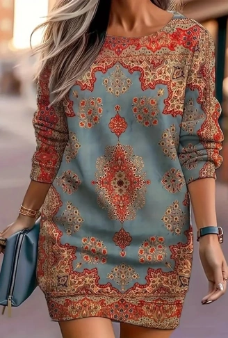 Kadın Uzun Kollu Yuvarlak Yaka Desenli Mini Modal Elbise