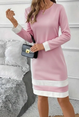 Kadın Uzun Kollu Yuvarlak Yaka Etek Ucu şerit Detaylı Mini Dalgıç Elbise