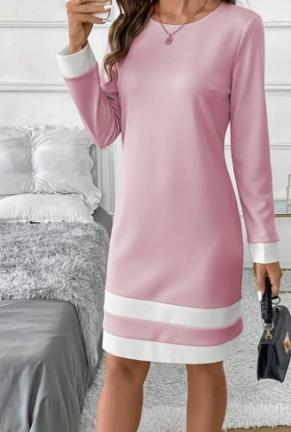 Kadın Uzun Kollu Yuvarlak Yaka Etek Ucu şerit Detaylı Mini Dalgıç Elbise