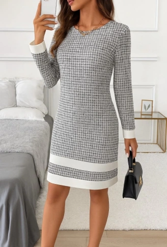 Kadın Uzun Kollu Yuvarlak Yaka Etek Ucu şerit Detaylı Mini Dokuma Elbise