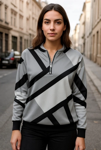 Kadın Uzun Kollu Yuvarlak Yaka Fermuarlı Desenli şardonlu Bluz