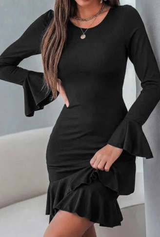 Kadın Uzun Kollu Yuvarlak Yaka Fırfırlı Kol Ucu Volanlı Janjan Krep Mini Elbise