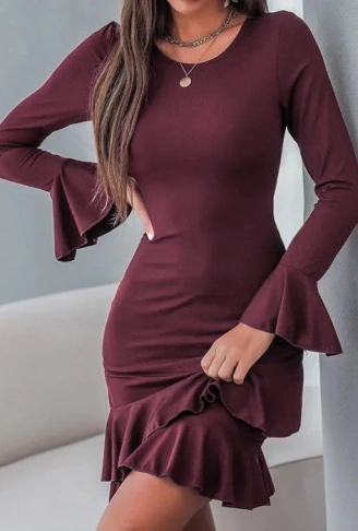 Kadın Uzun Kollu Yuvarlak Yaka Fırfırlı Kol Ucu Volanlı Janjan Krep Mini Elbise
