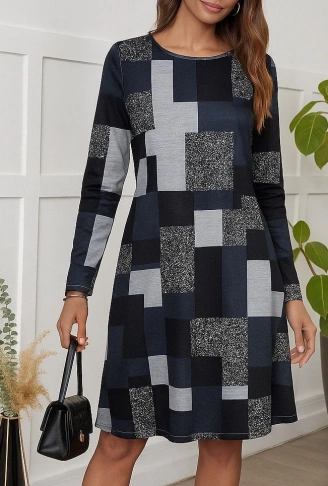 Kadın Uzun Kollu Yuvarlak Yaka Geometrik Süprem Elbise