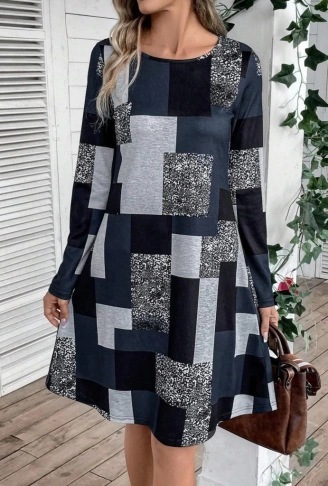 Kadın Uzun Kollu Yuvarlak Yaka Geometrik Süprem Elbise