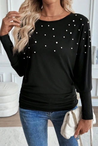 Kadın Uzun Kollu Yuvarlak Yaka Incili Viskon Bluz