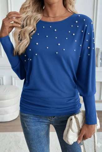 Kadın Uzun Kollu Yuvarlak Yaka Incili Viskon Bluz