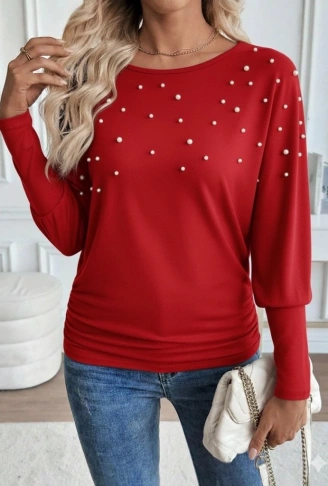 Kadın Uzun Kollu Yuvarlak Yaka Incili Viskon Bluz